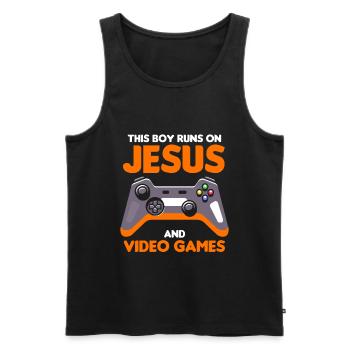 Ce garçon court sur Jésus et les jeux vidéo - Débardeur bio Premium Homme - noir - Devant - Michal (187cm)