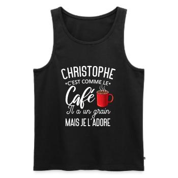 Humour Christophe comme le café il a un grain - Débardeur bio Premium Homme - noir - Devant - Michal (187cm)