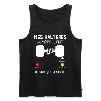 Cadeau musculation humour mes haltères m'appellent - Débardeur bio Premium Homme - noir - Devant - Michal (187cm)