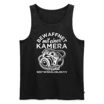 Bewaffnet mit einer KAMERA und WEITWINKELOBJEKTIV - Männer Premium Bio Tank Top - Schwarz - Vorne - AI Model Male 178 light (178cm)