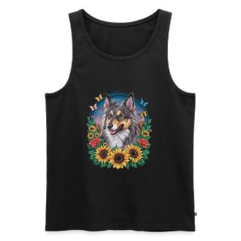 Chien d’élan norvégien avec roses, papillons - Débardeur bio Premium Homme - noir - Devant - Michal (187cm)