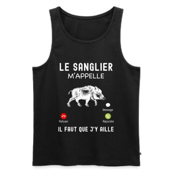 Sanglier appel téléphonique chasseur - Débardeur bio Premium Homme - noir - Devant - Michal (187cm)