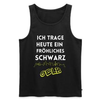 I'm wearing a cheerful black and yellow Dortmund - Men's Premium Organic Tank Top - black - Front - AI Model Male 178 light (178cm)