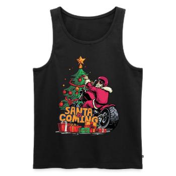 Père Noël à moto devant le sapin de Noël - Débardeur bio Premium Homme - noir - Devant - Michal (187cm)