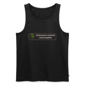 Achievement unlocked - Niveau 19 complete - Naissance - Débardeur bio Premium Homme - noir - Devant - AI Model Male 178 light (178cm)