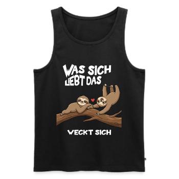 Slow Love on the Tree - Word Game with Sloths - Men's Premium Organic Tank Top - black - Front - Michal (187cm)