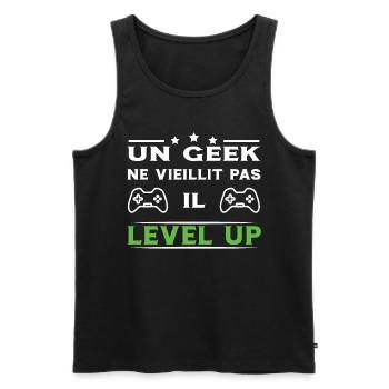 Un geek ne vieillit pas il level up - Débardeur bio Premium Homme - noir - Devant - AI Model Male 178 light (178cm)
