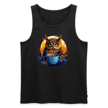 Le hibou grand-duc devant sa tasse de café - Débardeur bio Premium Homme - noir - Devant - Michal (187cm)