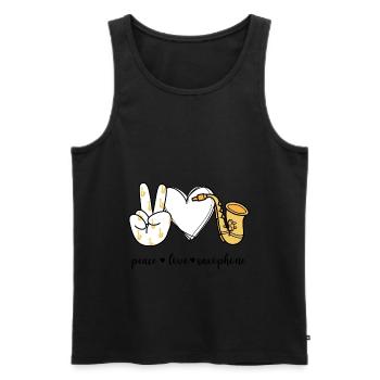 Peace Love Saxophone Signe de la main de la paix Mélomane - Débardeur bio Premium Homme - noir - Devant - Michal (187cm)