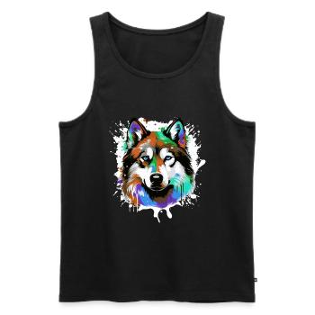 Portrait de tête de chien husky coloré - Débardeur bio Premium Homme - noir - Devant - Michal (187cm)