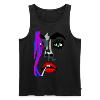 Visage modèle avec bouche rouge et yeux verts - Débardeur bio Premium Homme - noir - Devant - AI Model Male 178 light (178cm)