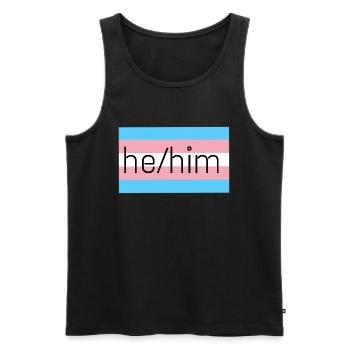 trans flag he/him pronouns - Men's Premium Organic Tank Top - black - Front - AI Model Male 178 light (178cm)