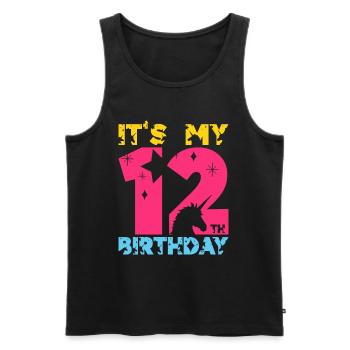 C’EST MON 12E ANNIVERSAIRE LICORNE 12E ANNIVERSAIRE - Débardeur bio Premium Homme - noir - Devant - AI Model Male 178 light (178cm)