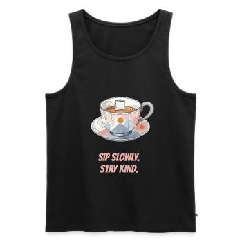 Schlürfen Sie langsam. Bleiben Sie freundlich. - Männer Premium Bio Tank Top - Schwarz - Vorne - AI Model Male 178 light (178cm)