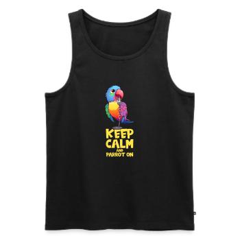 Keep Calm & Parrot On: Comic Parrot avec microphone - Débardeur bio Premium Homme - noir - Devant - AI Model Male 178 light (178cm)