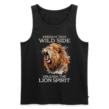 lion, tête de lion, fort, sauvage, fierté, courageux, royal, - Débardeur bio Premium Homme - noir - Devant - AI Model Male 178 light (178cm)