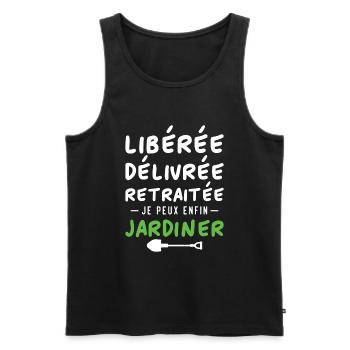 Libérée délivrée retraitée, je peux enfin jardiner - Débardeur bio Premium Homme - noir - Devant - Michal (187cm)