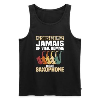 Un vieil homme avec un saxophone - Débardeur bio Premium Homme - noir - Devant - Michal (187cm)