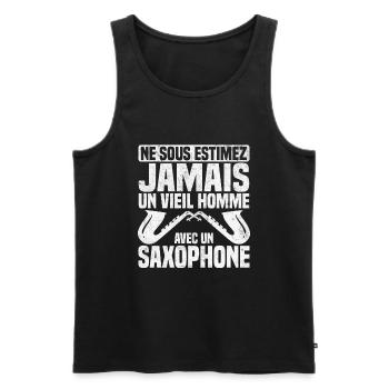 Un vieil homme avec un saxophone - Débardeur bio Premium Homme - noir - Devant - Michal (187cm)