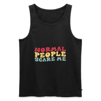 Normal people scare me – Police et couleurs rétro - Débardeur bio Premium Homme - noir - Devant - AI Model Male 178 light (178cm)