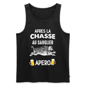 Chasse au sanglier, apéro et pote humour chasseur - Débardeur bio Premium Homme - noir - Devant - Michal (187cm)