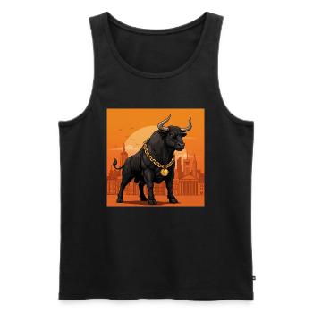 Taureau avec chaîne en or - bourse, succès et argent - Débardeur bio Premium Homme - noir - Devant - AI Model Male 178 light (178cm)