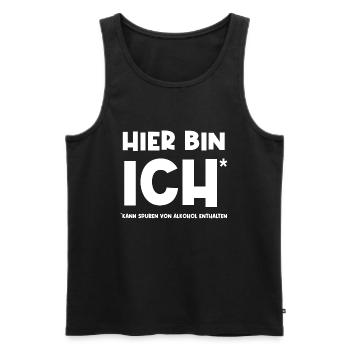 Hier bin ich. Kann spuren von Alkohol enthalten. - Männer Premium Bio Tank Top - Schwarz - Vorne - Michal (187cm)