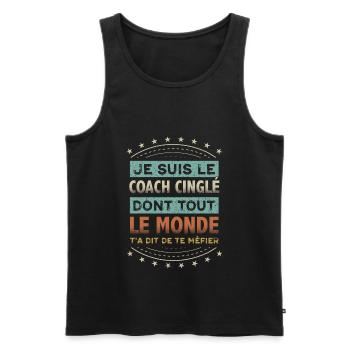 Coach Cinglé Humour Coaching Sportif Cadeau - Débardeur bio Premium Homme - noir - Devant - AI Model Male 178 light (178cm)