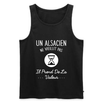Un Alsacien Ne Vieillit Pas Humour Cadeau Alsace - Débardeur bio Premium Homme - noir - Devant - Michal (187cm)
