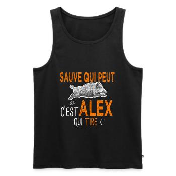 c'est Alex qui tire Cadeau Humour Chasse Chasseur - Débardeur bio Premium Homme - noir - Devant - Michal (187cm)