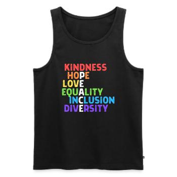Freundlichkeit, Frieden, Gleichheit, Inklusion, Vielfalt, Menschlichkeit - Männer Premium Bio Tank Top - Schwarz - Vorne - Michal (187cm)