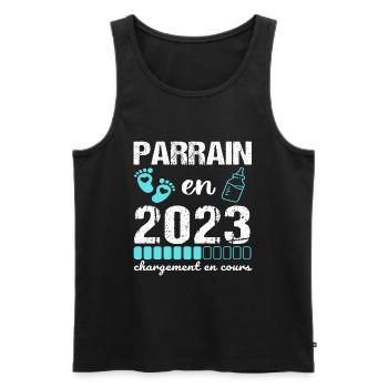 Parrain en 2023 annonce naissance bébé cadeau - Débardeur bio Premium Homme - noir - Devant - Michal (187cm)