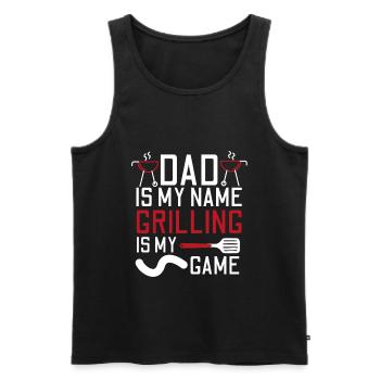 PAPA IST MEIN NAME GRILLEN IST MEIN SPIEL GRILL - Männer Premium Bio Tank Top - Schwarz - Vorne - AI Model Male 178 light (178cm)