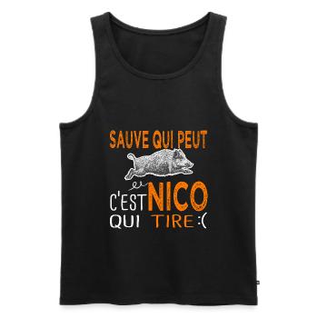 c'est Nico qui tire Humour Nicolas Nicole Chasse - Débardeur bio Premium Homme - noir - Devant - AI Model Male 178 light (178cm)