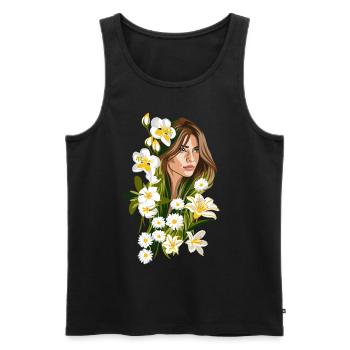BELIA Illustration Femme aux fleurs blanches - Débardeur bio Premium Homme - noir - Devant - Michal (187cm)