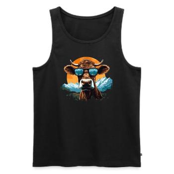 A cow in sunglasses in the mountains - Men's Premium Organic Tank Top - black - Front - AI Model Male 178 light (178cm)