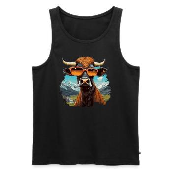 Cool cow in sunglasses in mountain landscape - Men's Premium Organic Tank Top - black - Front - AI Model Male 178 light (178cm)
