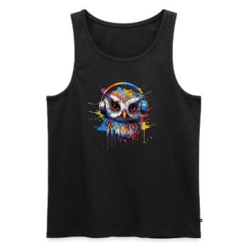 Lustige Eule hört Musik über Kopfhörer - Männer Premium Bio Tank Top - Schwarz - Vorne - Michal (187cm)