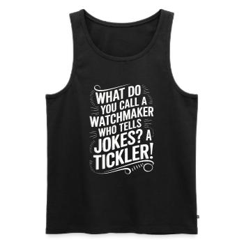 Wie nennt man einen Uhrmacher, der Witze erzählt? A t - Männer Premium Bio Tank Top - Schwarz - Vorne - Michal (187cm)