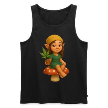 Zwergin auf Pilz mit Cannabispflanze - Männer Premium Bio Tank Top - Schwarz - Vorne - Michal (187cm)