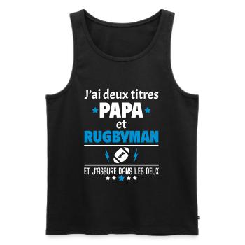 Deux titres papa et rugbyman - Débardeur bio Premium Homme - noir - Devant - Michal (187cm)