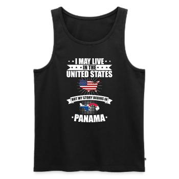 En direct États-Unis Mon histoire commence Panama - Débardeur bio Premium Homme - noir - Devant - AI Model Male 178 light (178cm)