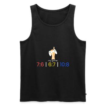 my game: 7:6 | 6:7 | 10:8 - Men's Premium Organic Tank Top - black - Front - Michal (187cm)