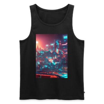 Cool Japanese Techno Cat In Japan Neon City - Männer Premium Bio Tank Top - Schwarz - Vorne - AI Model Male 178 light (178cm)