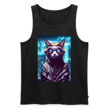 Techno Cat In Japan Neon City - Männer Premium Bio Tank Top - Schwarz - Vorne - AI Model Male 178 light (178cm)