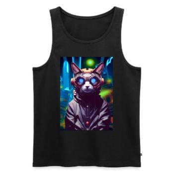 Techno Cat In Japan Neon City - Männer Premium Bio Tank Top - Schwarz - Vorne - AI Model Male 178 light (178cm)