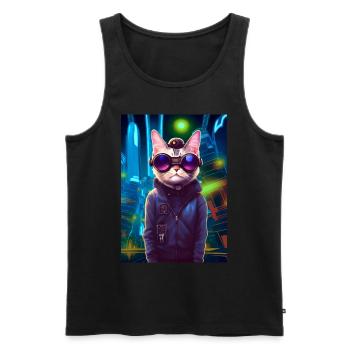 Techno Cat In Japan Neon City - Männer Premium Bio Tank Top - Schwarz - Vorne - AI Model Male 178 light (178cm)