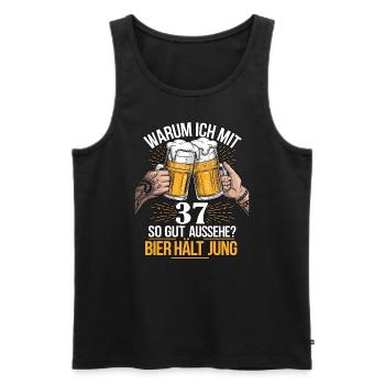Pourquoi est-ce que j’ai l’air si bien à 37 ans ? La bière vous garde jeune - Débardeur bio Premium Homme - noir - Devant - AI Model Male 178 light (178cm)