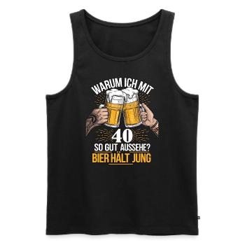 Pourquoi est-ce que j’ai l’air si bien à 40 ans ? La bière vous garde jeune - Débardeur bio Premium Homme - noir - Devant - AI Model Male 178 light (178cm)