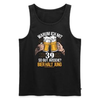 Pourquoi est-ce que j’ai l’air si bien à 39 ans ? La bière vous garde jeune - Débardeur bio Premium Homme - noir - Devant - AI Model Male 178 light (178cm)